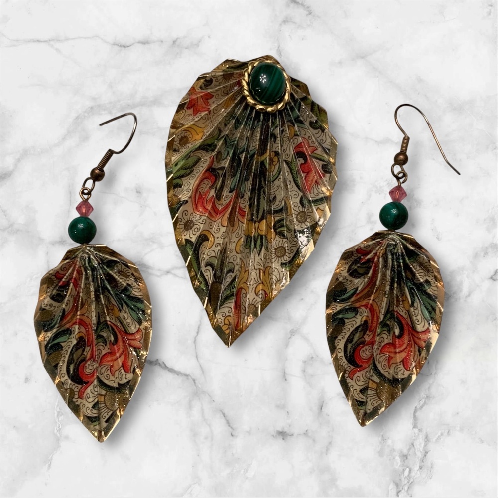 Paper Origami Leaf and Glass Bead Earrings and Brooch Set